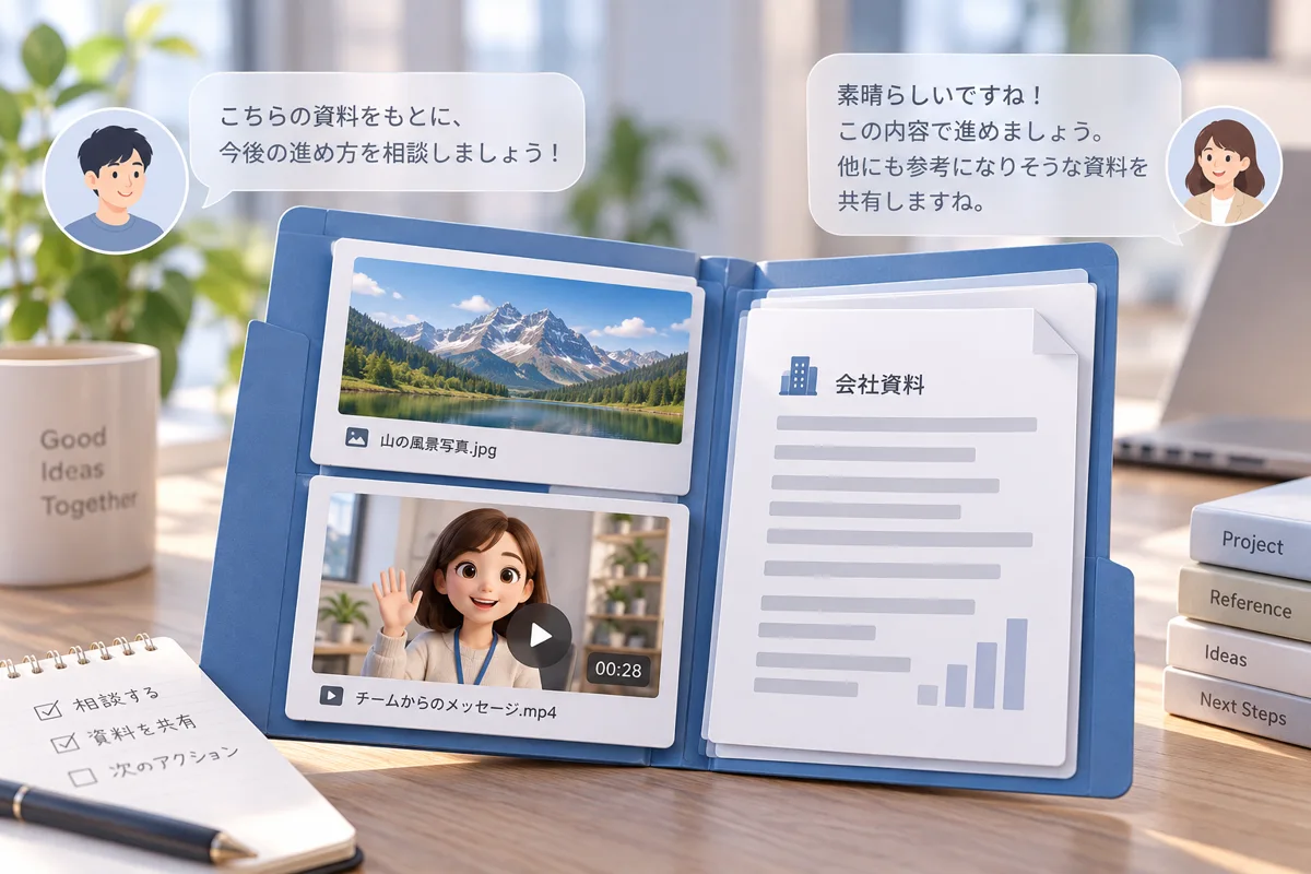 素材を共有し、目的を相談するイメージ