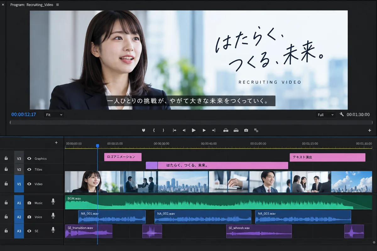 動画とテロップと音楽を組み合わせて仕上げるイメージ